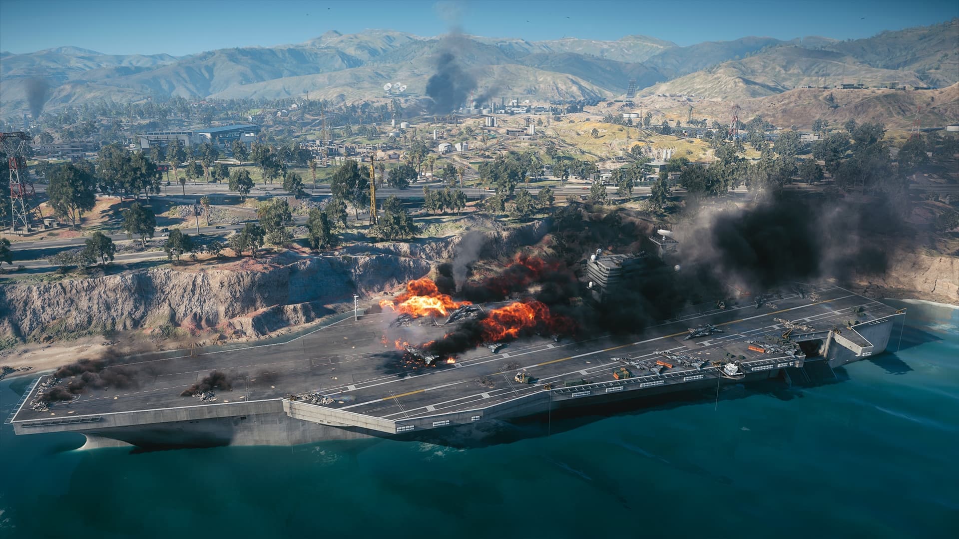 Aircraft carrier POI near coastal city