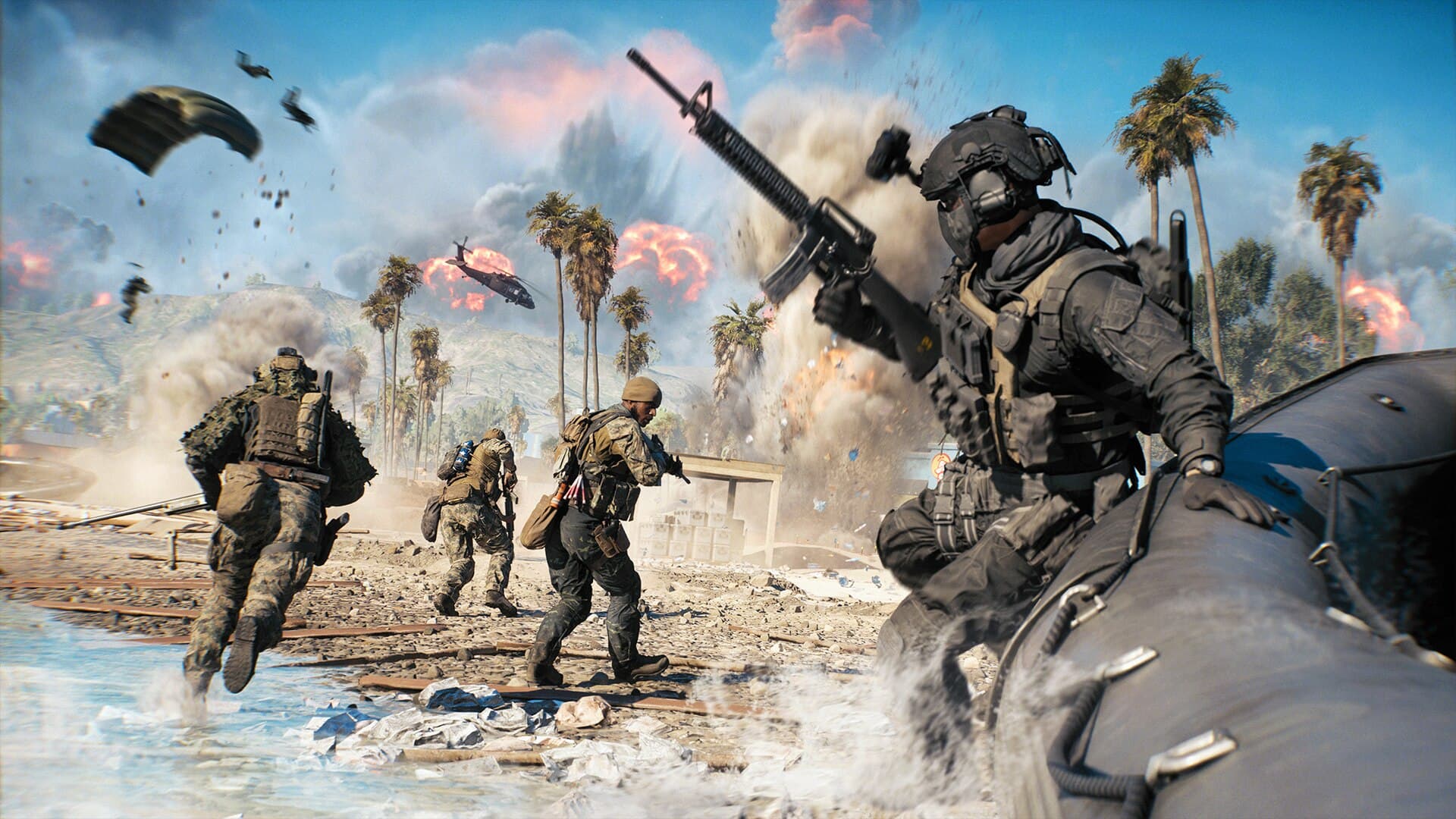 Soldiers disembarking boats on a REDSEC Fort Lyndon shoreline under helicopters
