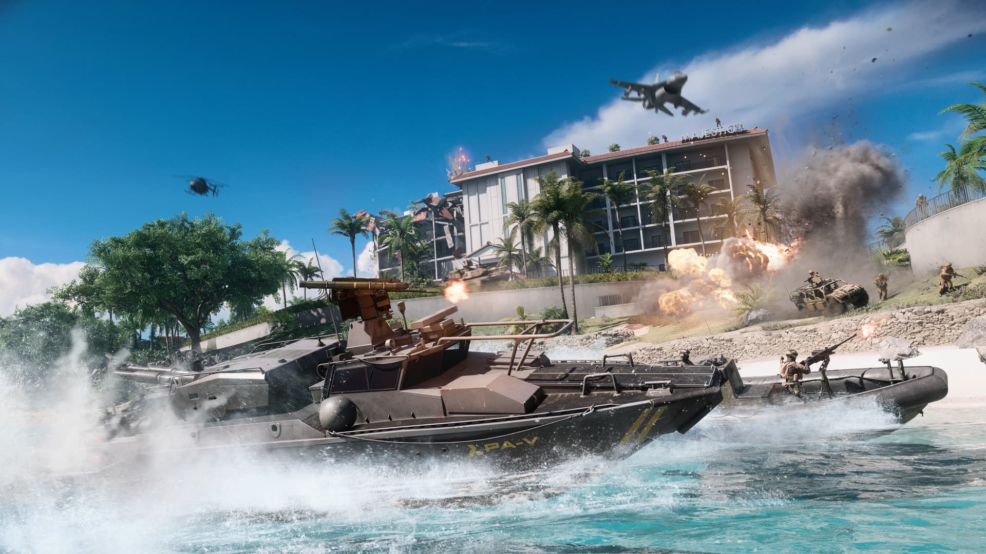 Patrol boats assaulting a tropical shoreline on Tsuru Reef