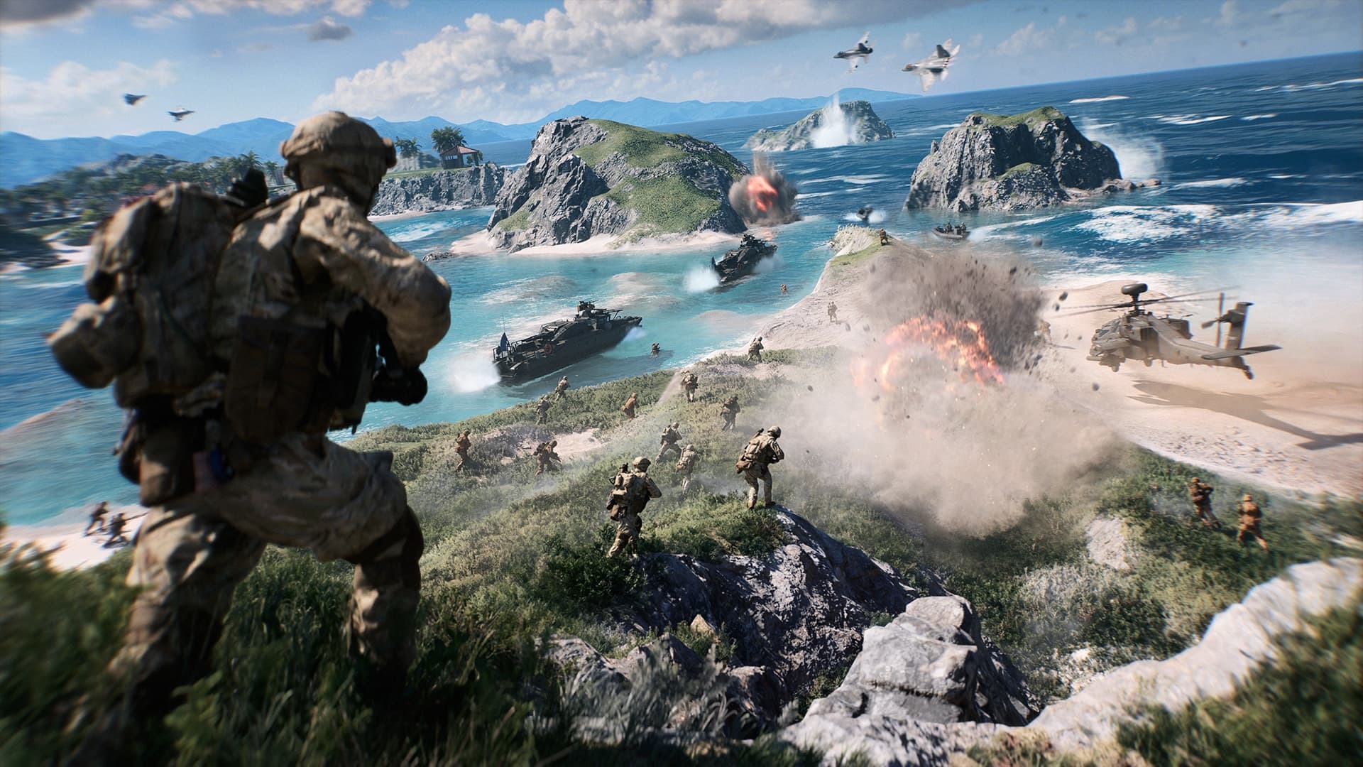 Battlefield 6 Season 4 combat on a tropical island with air and ground forces