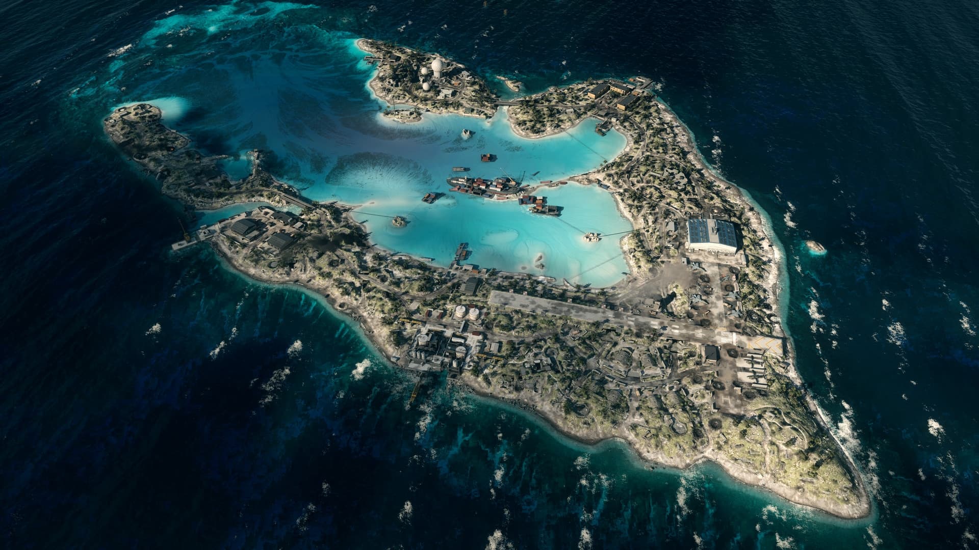 Aerial view of a tropical Battlefield 6 island map used for weapon and vehicle fights